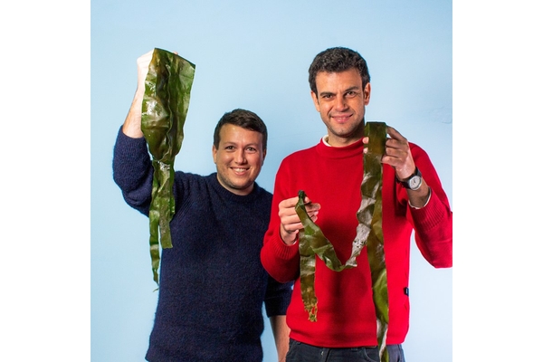 Notpla co-founders Pierre Paslier and Rodrigo Garcia Gonzalez holding seaweed in their hands.